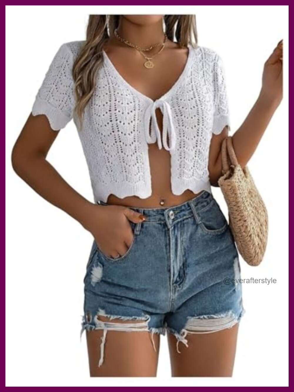 Women's Crochet Cardigan Shrug Tie Front Short Sleeve Crop Sweater